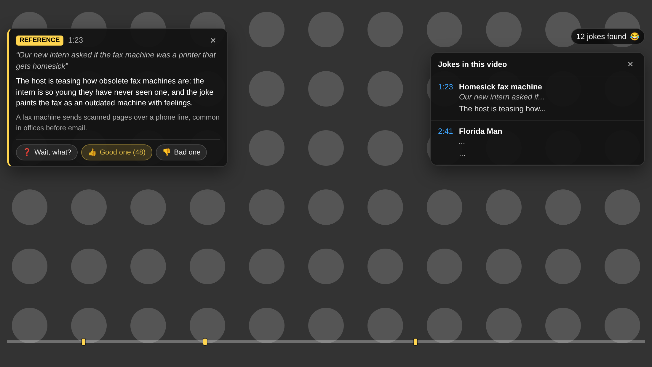 The extension on a YouTube video: an explanation card on the left, the list of jokes on the right, markers on the progress bar